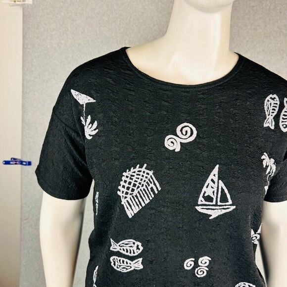 Vintage LA Lights XL Blouse Black Texture Boat Shell Fish Stretch Short Sleeve - Picture 4 of 7